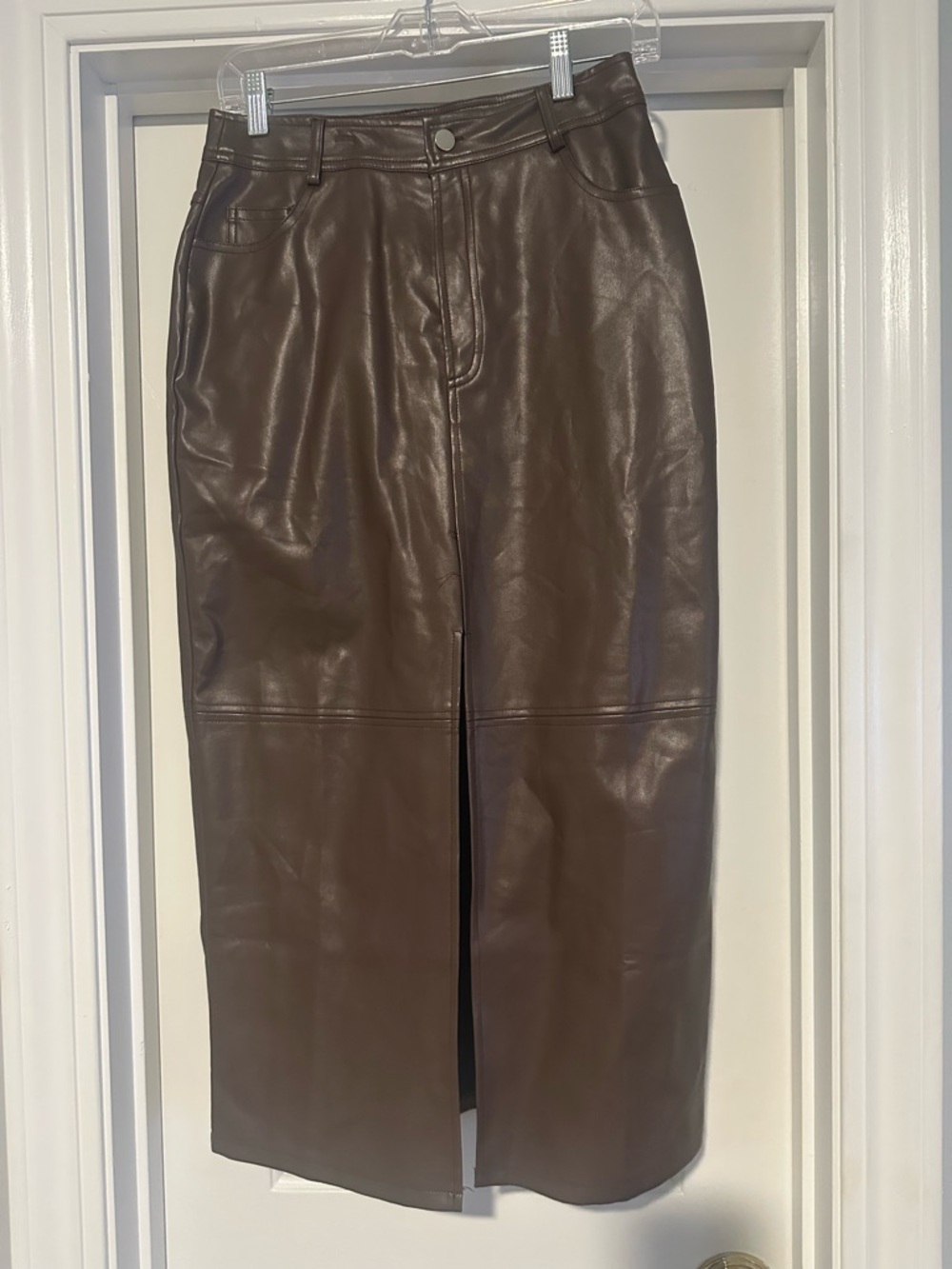 Papermoon Brown Faux Leather Midi Skirt with Front Slit